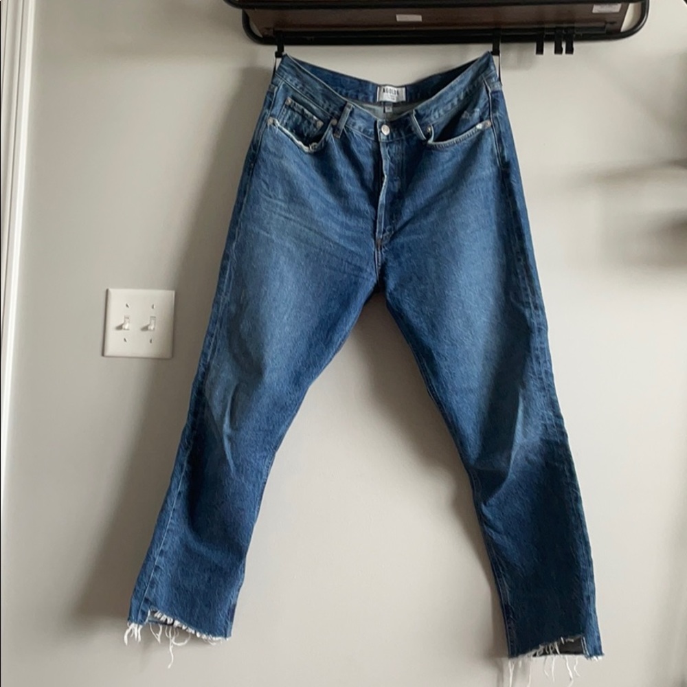 Agolde button fly cropped jeans with raw hem